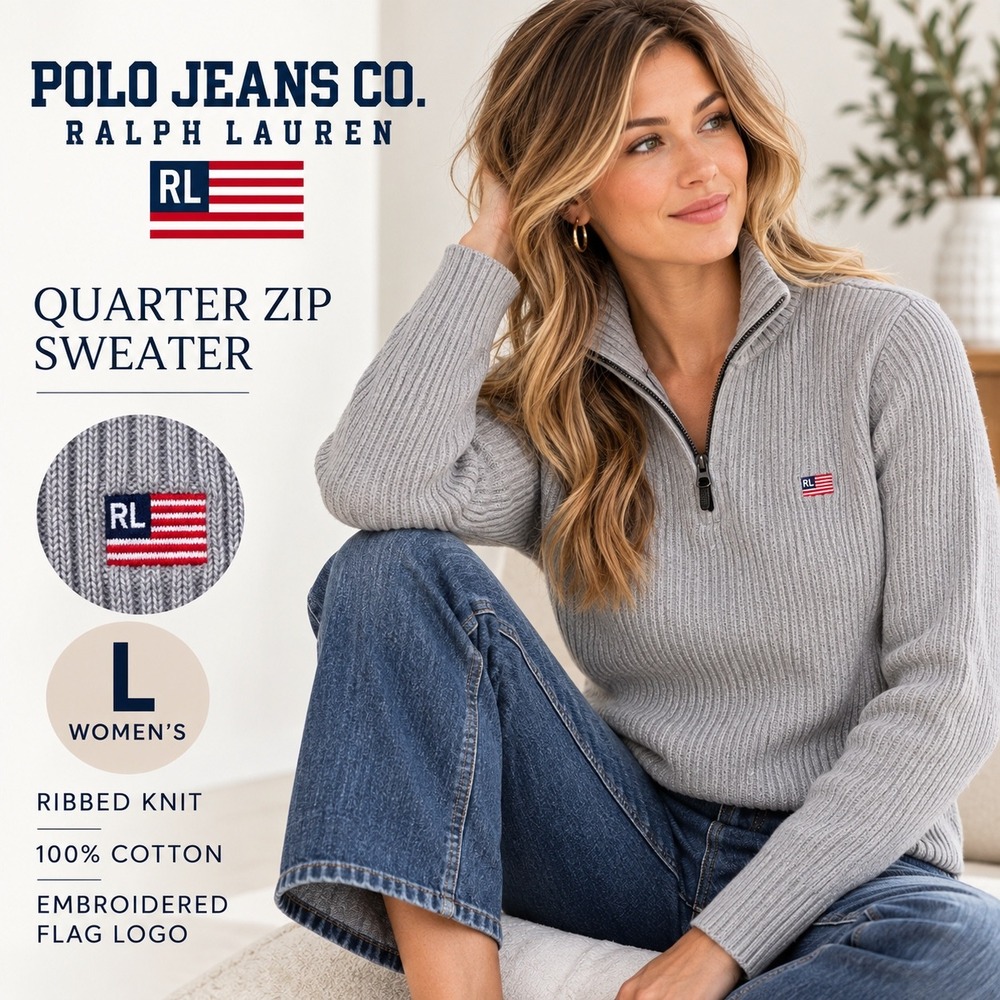 Polo Jeans Co Ralph Lauren Sweater Womens Large Grey Quarter Zip Ribbed Cotton
